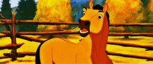 a cartoon horse is standing next to a wooden fence in a field with its mouth open .