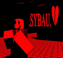 a red cartoon character is standing in front of a red sign that says sybau .