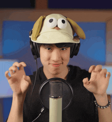 a boy wearing a dog hat and headphones