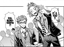 a black and white drawing of two boys standing next to each other with one saying " dia mond senpai "