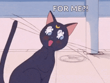 a black cat with a crescent moon on its face is sitting on the floor and says `` for me '' .