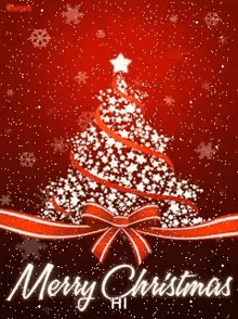 a merry christmas card with a christmas tree made of stars and ribbons .