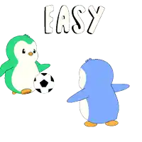 two penguins are playing with a soccer ball and the word easy is written above them