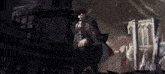 a man in a suit and tie is standing in front of a castle