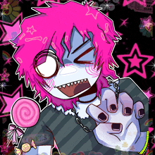 a drawing of a person with pink hair and a lollipop