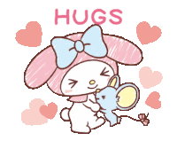 a drawing of a bunny holding a mouse with the word hugs written above it