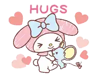 a drawing of a bunny holding a mouse with the word hugs written above it