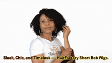 a woman wearing a white shirt that says four natural