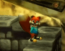 a cartoon squirrel is standing on top of a set of stairs .