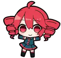 a cartoon drawing of a girl with red hair and a blue skirt