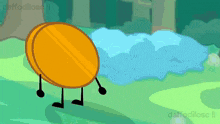 a cartoon of a coin with arms and legs standing next to a body of water