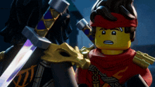 a lego ninjago character holding a sword and a skull