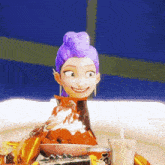 a cartoon character with purple hair is sitting on a table with a bowl of food and a drink .