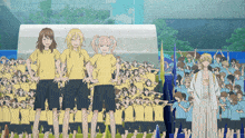 a group of people are standing in front of a crowd