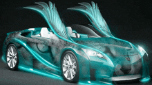 a car with wings painted on it is glowing blue