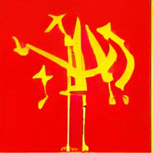 a red background with a yellow drawing of a person on it .