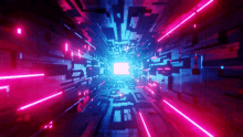 a blue and pink tunnel with a light at the end of it
