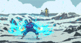 a cartoon drawing of a man in a blue outfit standing in front of a mountain