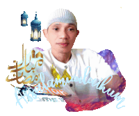 a man wearing a white hat and a t-shirt that says ' assalamualaikum ' on it