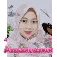 a woman wearing a purple hijab is surrounded by butterflies and says assalamualaikum