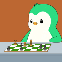 a green and white penguin is playing chess on a table