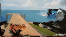 a painting of a dock with the words made in animotica underneath it