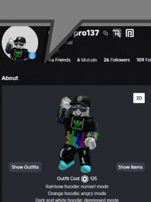 a screenshot of a roblox account with a rainbow hoodie and sunglasses