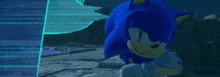 a close up of a sonic the hedgehog 's face with a blue background .