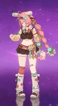 a cartoon girl with pink hair and horns is standing in front of a purple background .