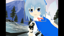 a girl in a blue dress is holding a gun in front of a snowy mountain