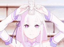 a girl with purple eyes is holding a stuffed animal on top of her head