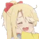 a cartoon girl with blonde hair and a red bow on her head is holding a banana .