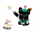 a happy new year greeting card with a bulldog wearing a christmas hat