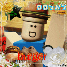 a picture of a cartoon character with a hamburger on his head and the word burger in red letters