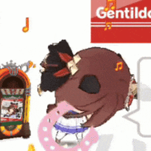 a cartoon character is dancing in front of a jukebox that says gentildo