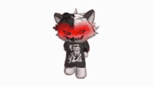 a black and white cat with red lights coming out of its eyes is dancing .