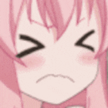 a close up of a pink anime girl with her mouth open .