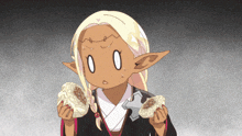 a cartoon character with a surprised look on her face is holding a bunch of food