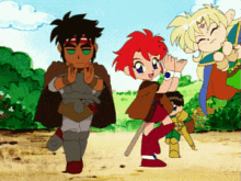 a group of cartoon characters standing next to each other on a dirt road