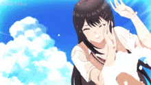 a girl in a school uniform is smiling in front of a blue sky with clouds and the word kuros sama below her