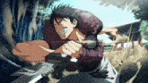 a man in a purple shirt is holding a large sword in his hand