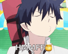 a cartoon of a boy with a red backpack and the words hmmff on the bottom