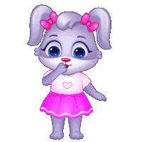 a cartoon rabbit wearing a pink skirt and a bow pointing at the camera
