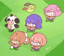 a drawing of a group of girls and a cow with a bird flying over them