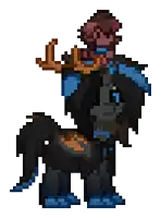 a pixel art of a black pony with a person on its back
