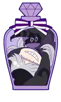 a cartoon character is sitting inside of a purple bottle with a diamond on top .