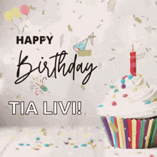 a happy birthday greeting card with a cupcake , balloons , confetti and a candle .