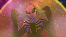 a cartoon drawing of a spider man in a pink and black suit