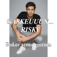 a man in a black shirt is squatting down with the words gaskeuuun risky below him