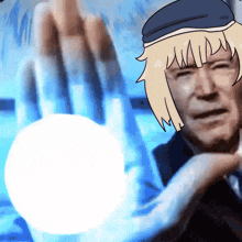 a cartoon of a man with a blue hat holding a ball